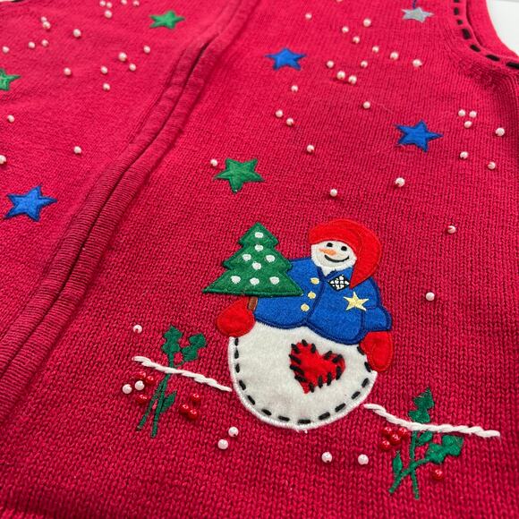 Cappagallo Vintage Red Holiday Winter Snowman Sweater Vest Size Small Full Zip - Picture 6 of 7